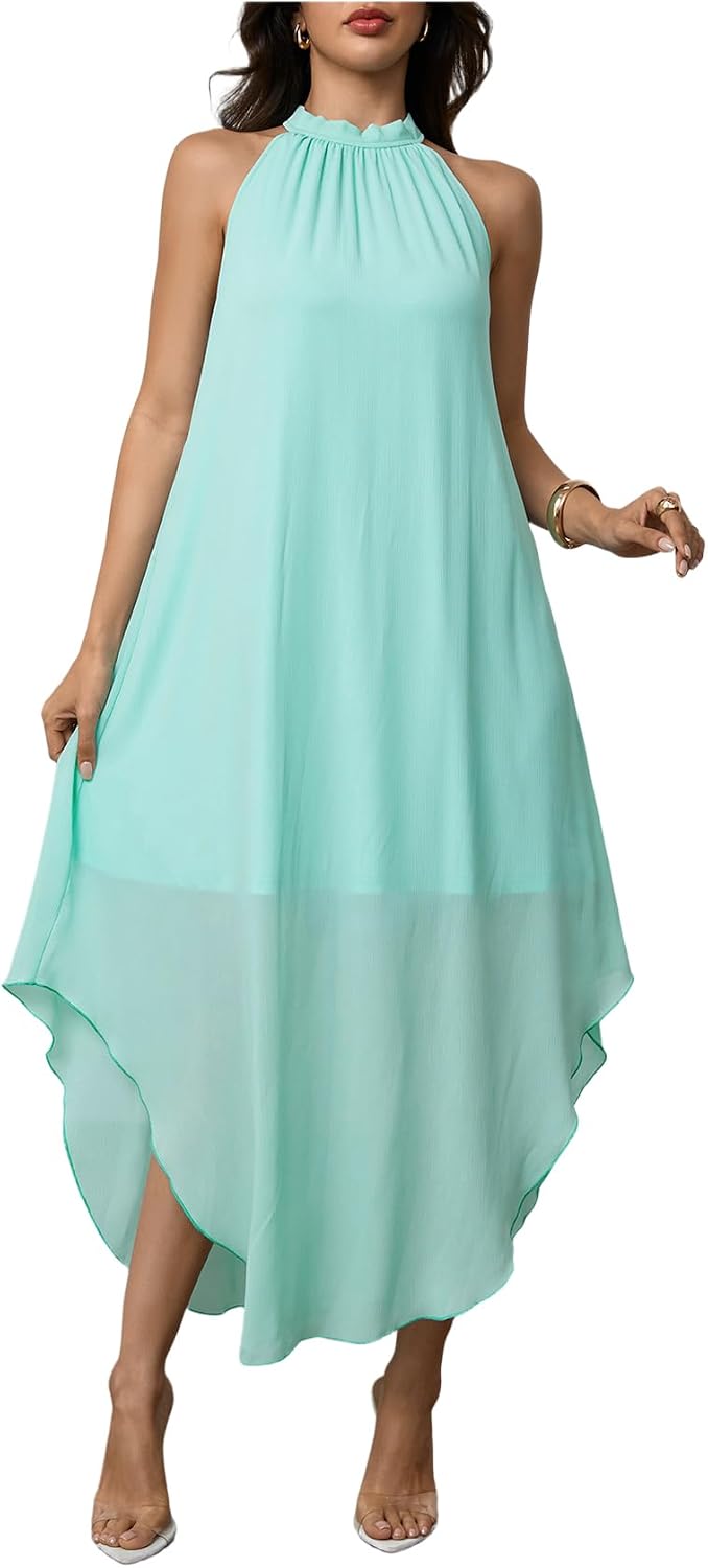 Women’s Formal Wedding Guest Dress Halter Flowy Chiffon Long Dress