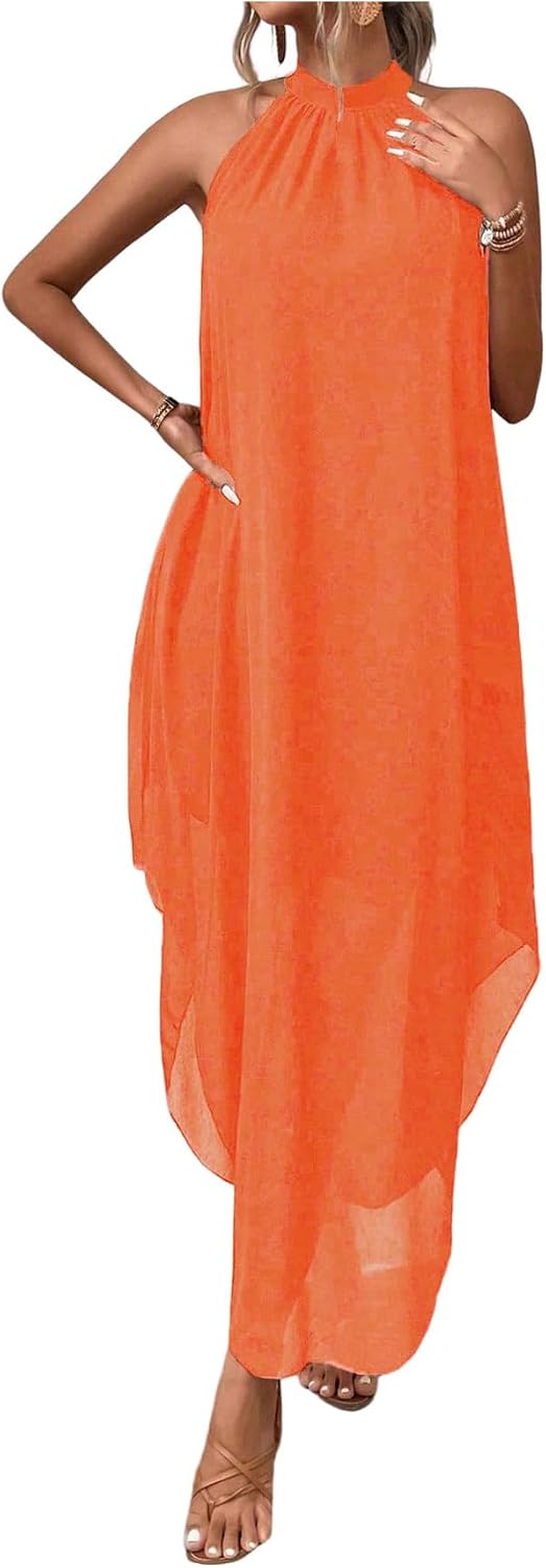 Women’s Formal Wedding Guest Dress Halter Flowy Chiffon Long Dress