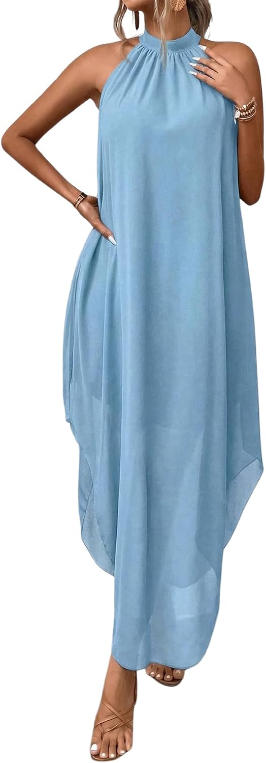 Women’s Formal Wedding Guest Dress Halter Flowy Chiffon Long Dress