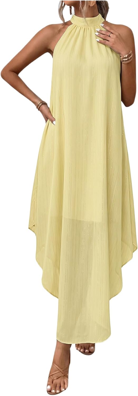 Women’s Formal Wedding Guest Dress Halter Flowy Chiffon Long Dress