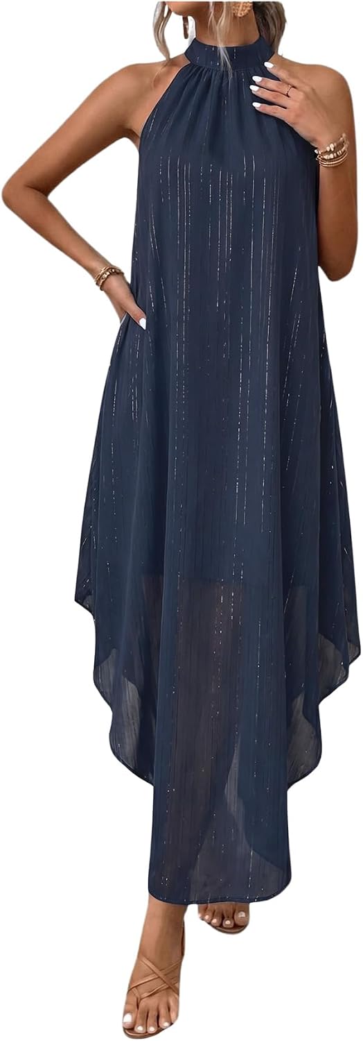 Women’s Formal Wedding Guest Dress Halter Flowy Chiffon Long Dress
