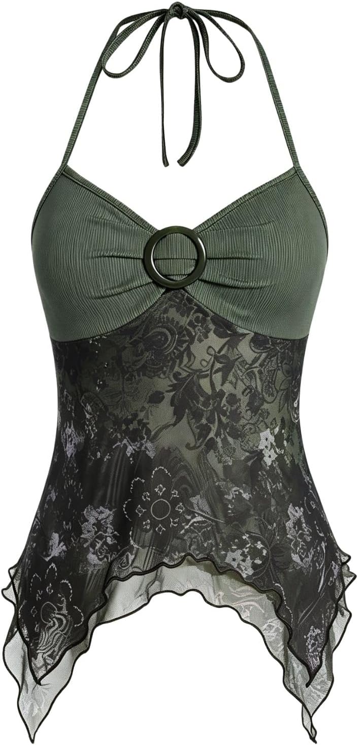 Women's Y2k Halter Top Mesh Asymmetrical Going Out Whimsical Shirts