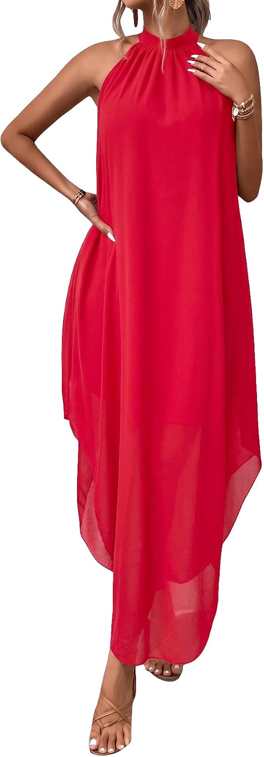 Women’s Formal Wedding Guest Dress Halter Flowy Chiffon Long Dress