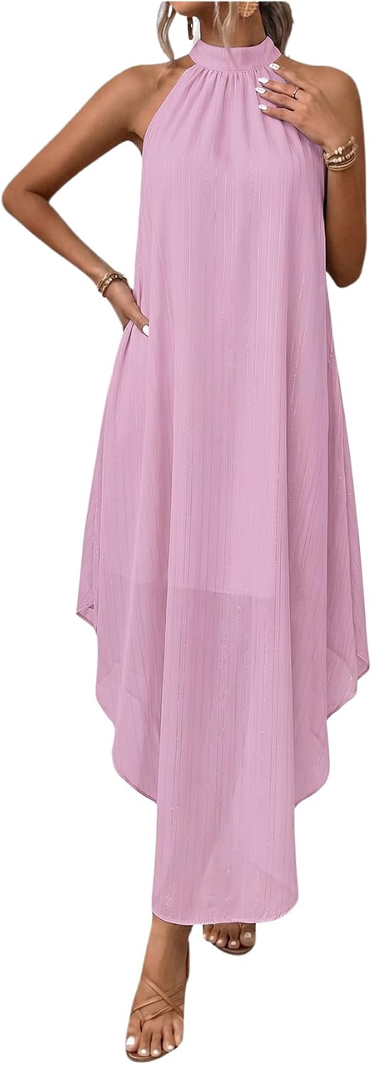 Women’s Formal Wedding Guest Dress Halter Flowy Chiffon Long Dress