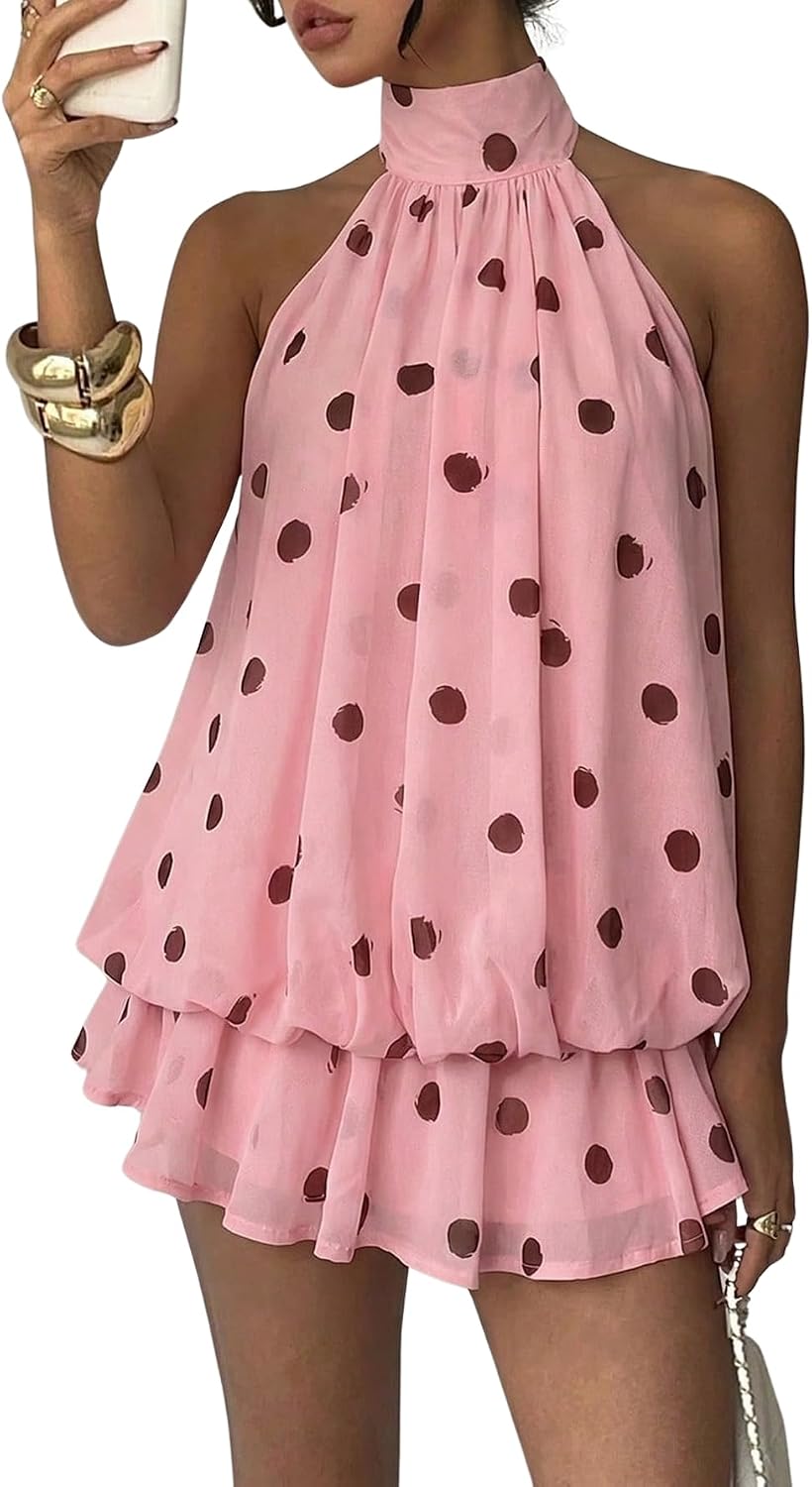 Women's Chiffon Halter Drop Waist Flowy Wedding Guest Mini Dresses