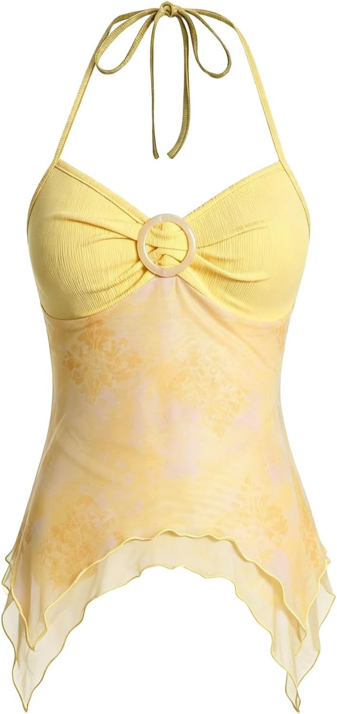 Women's Y2k Halter Top Mesh Asymmetrical Going Out Whimsical Shirts