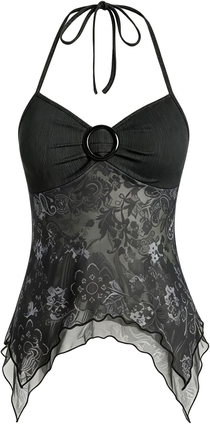 Women's Y2k Halter Top Mesh Asymmetrical Going Out Whimsical Shirts
