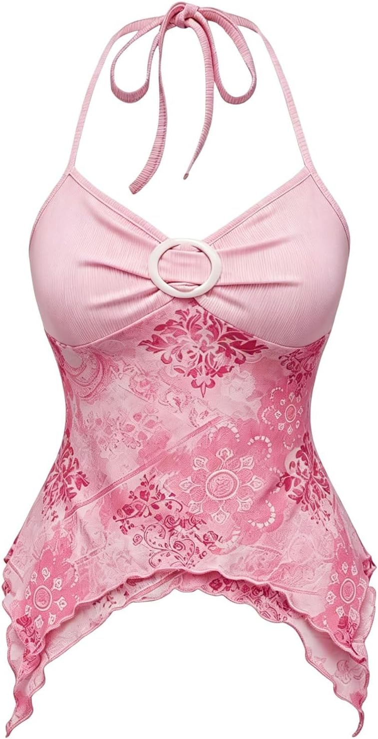 Women's Y2k Halter Top Mesh Asymmetrical Going Out Whimsical Shirts