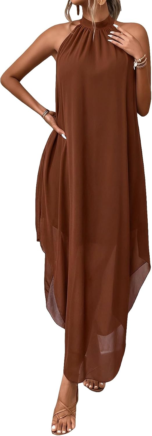 Women’s Formal Wedding Guest Dress Halter Flowy Chiffon Long Dress