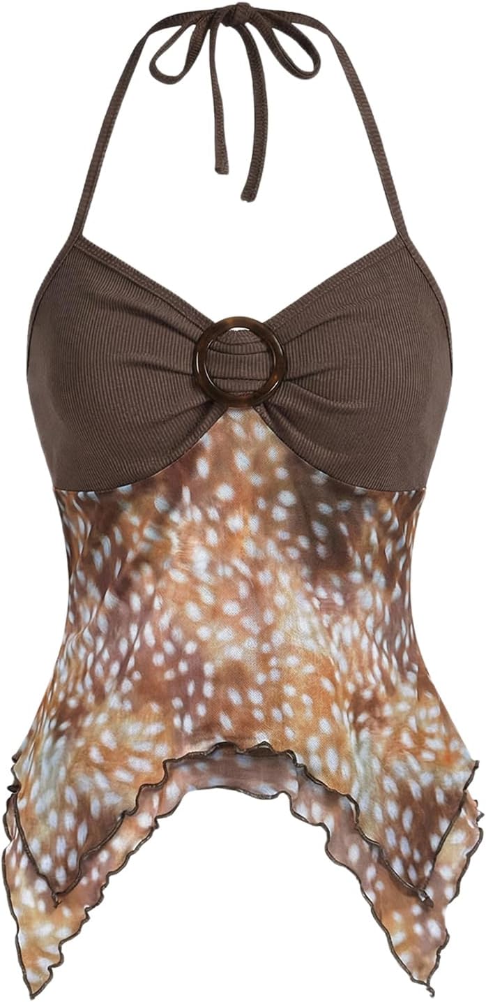 Women's Y2k Halter Top Mesh Asymmetrical Going Out Whimsical Shirts