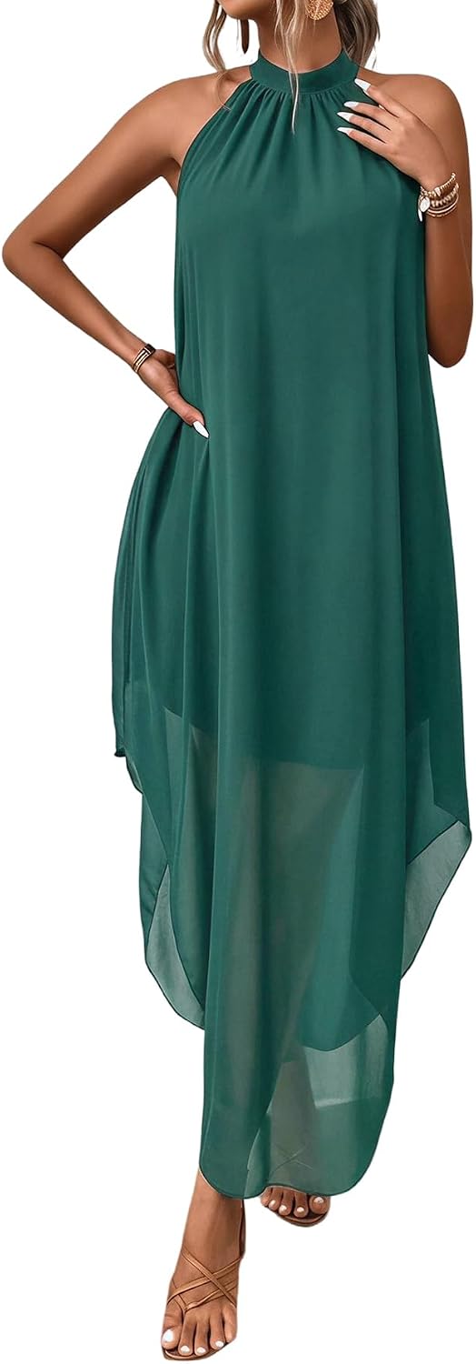 Women’s Formal Wedding Guest Dress Halter Flowy Chiffon Long Dress