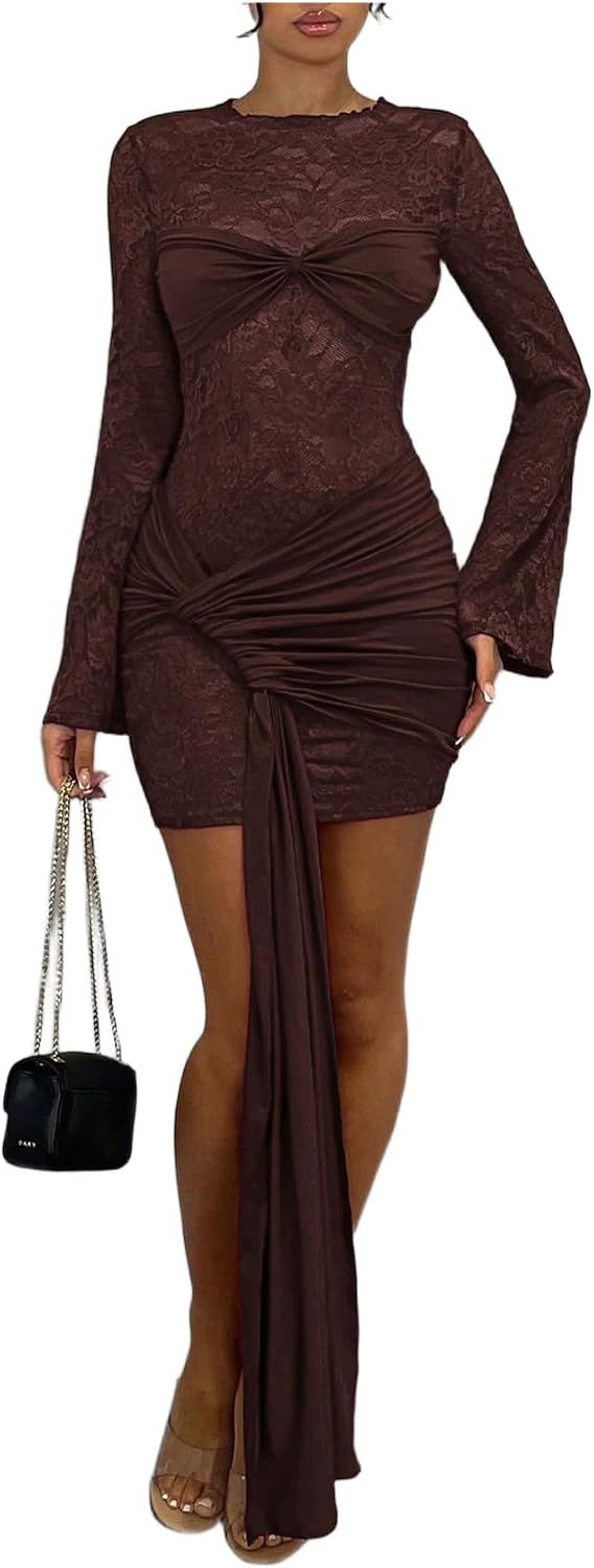 Women's Floral Lace Mini Bodycon Dresses Tie Knot Long Sleeve Ruched Date Night Dress