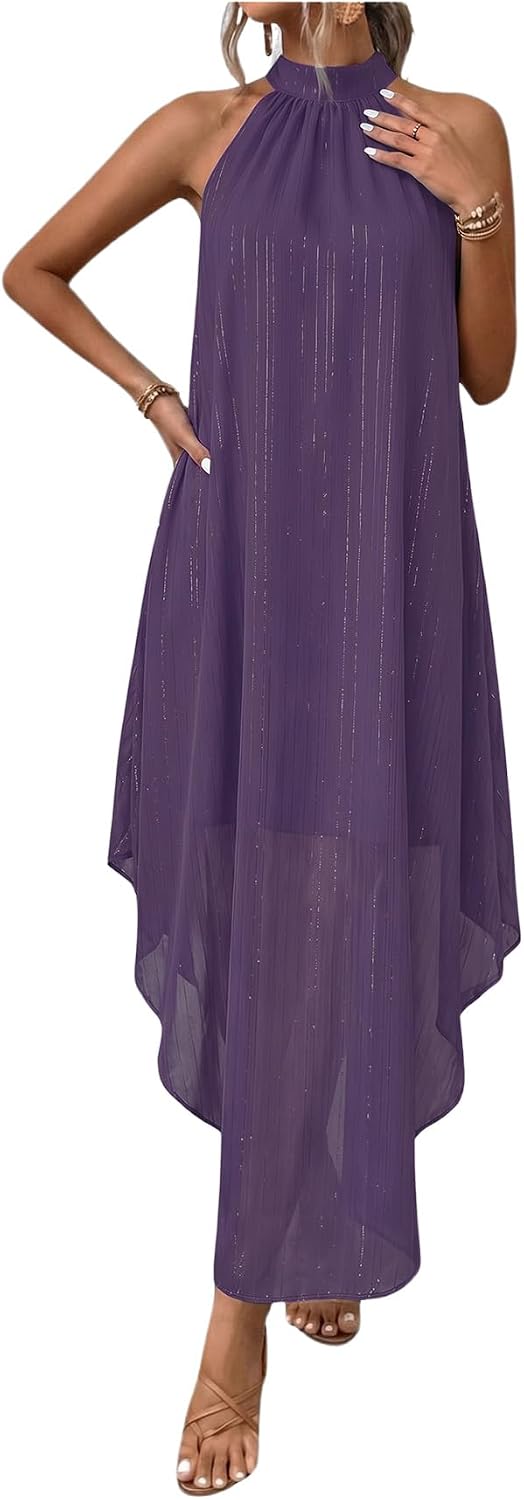 Women’s Formal Wedding Guest Dress Halter Flowy Chiffon Long Dress