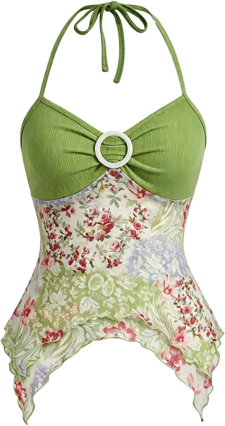 Women's Y2k Halter Top Mesh Asymmetrical Going Out Whimsical Shirts