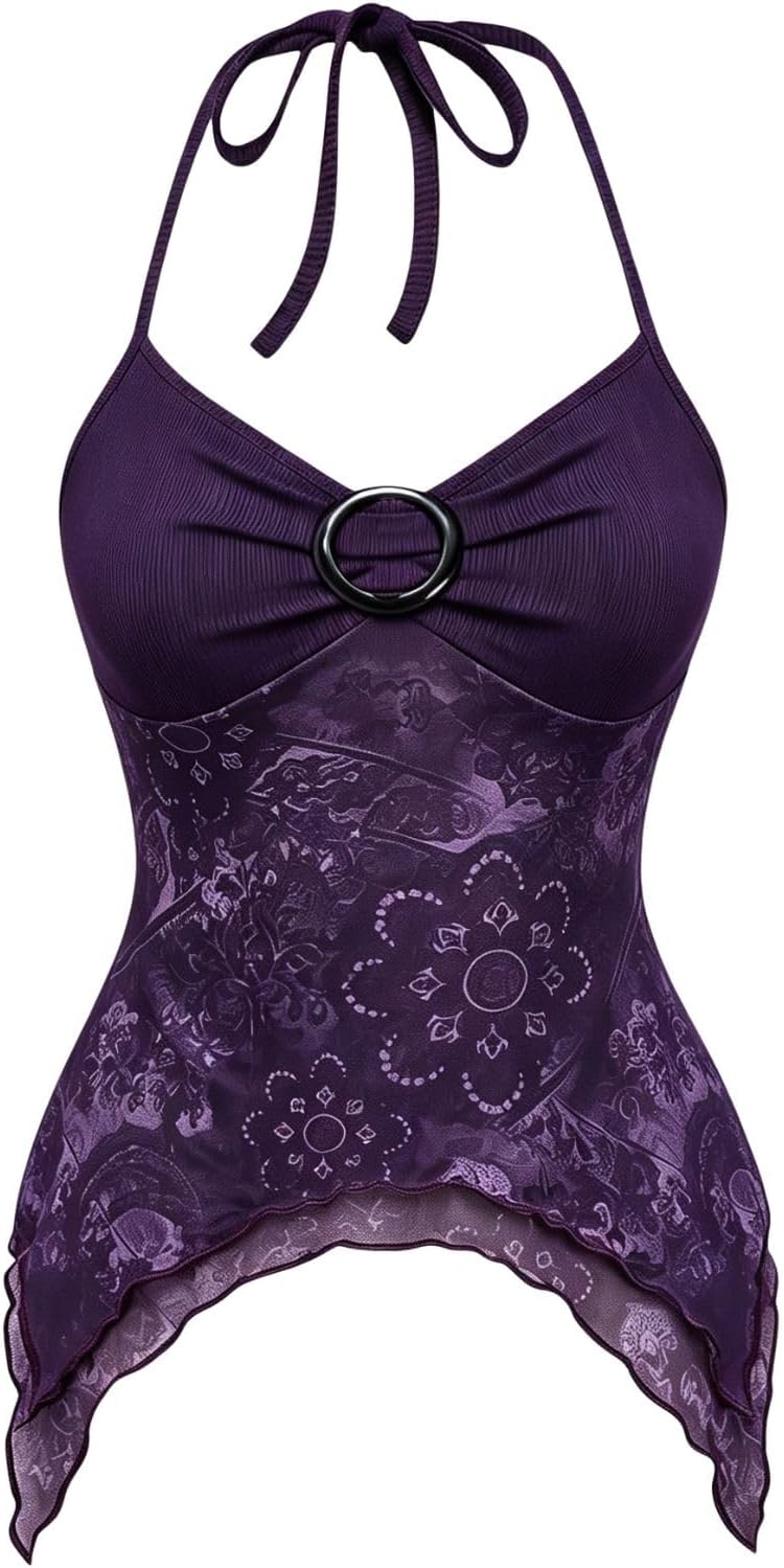 Women's Y2k Halter Top Mesh Asymmetrical Going Out Whimsical Shirts