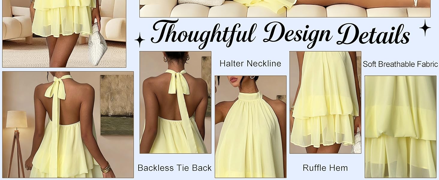 Yellow Dress Women Chiffon Flowy Dress Backless Loose Club Night Cocktail Dresses Festival Outfits