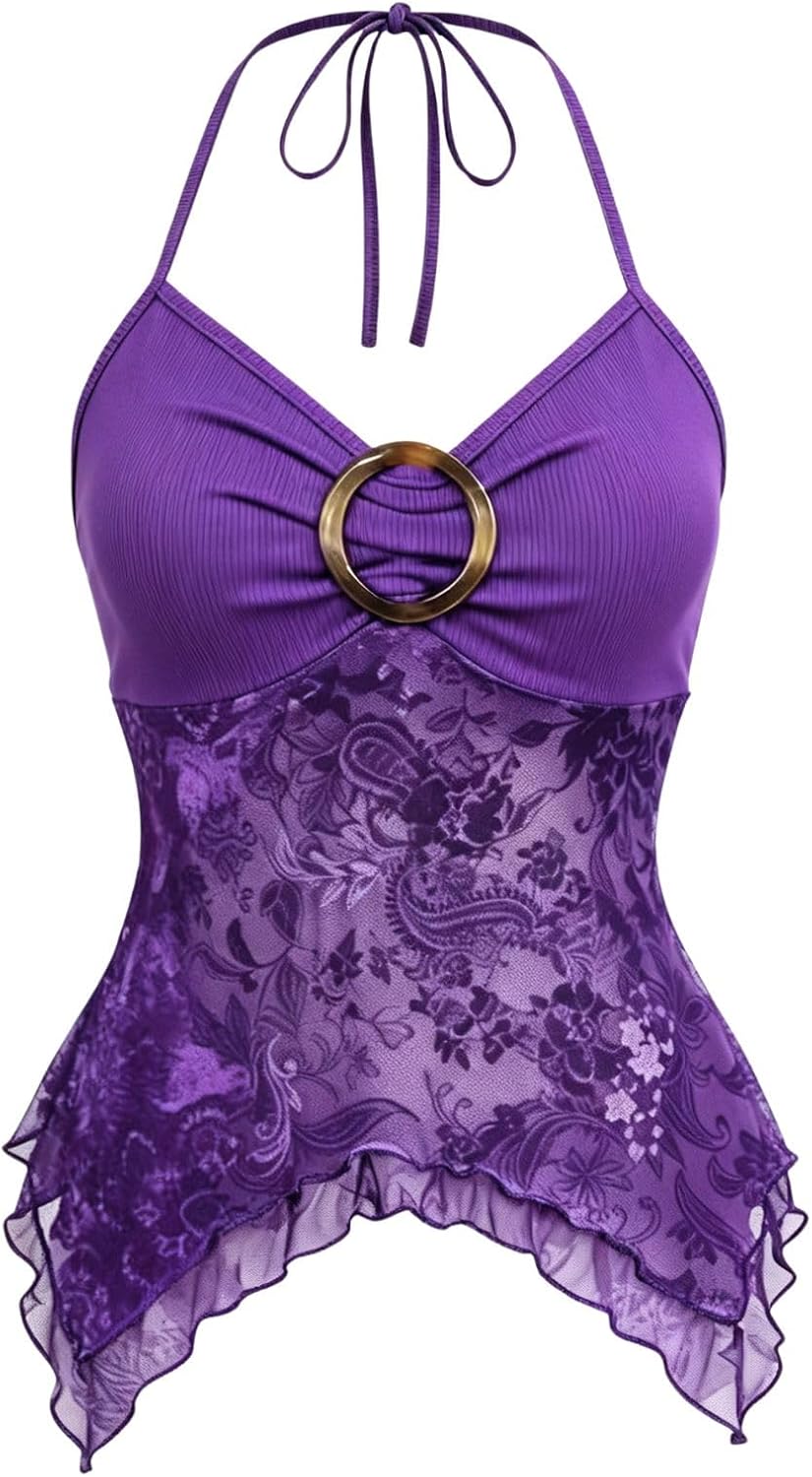 Women's Y2k Halter Top Mesh Asymmetrical Going Out Whimsical Shirts