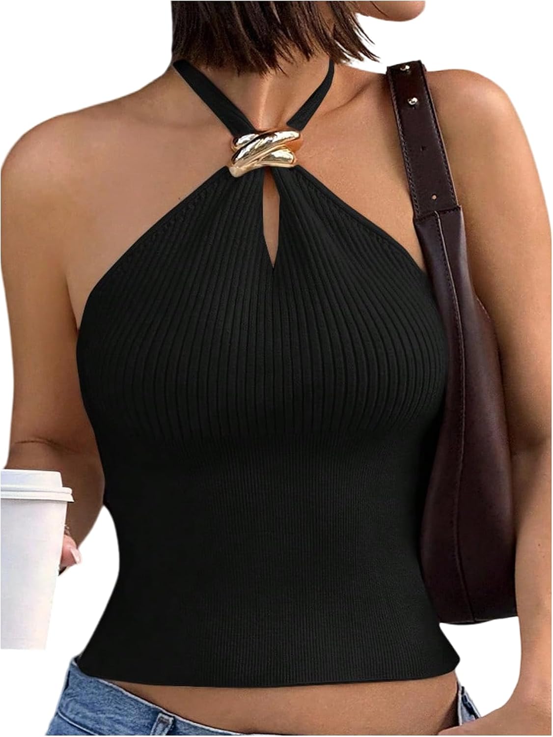 Women's Knit Halter Tops Sleeveless Cropped Going Out Tops