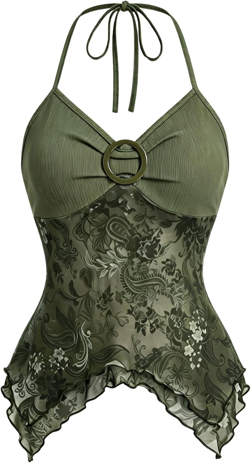 Women's Y2k Halter Top Mesh Asymmetrical Going Out Whimsical Shirts