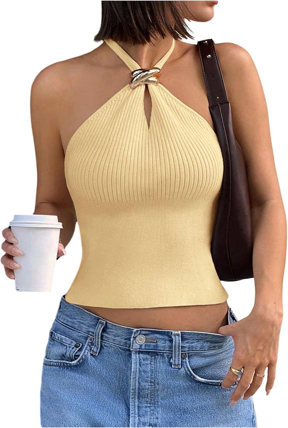 Women's Knit Halter Tops Sleeveless Cropped Going Out Tops