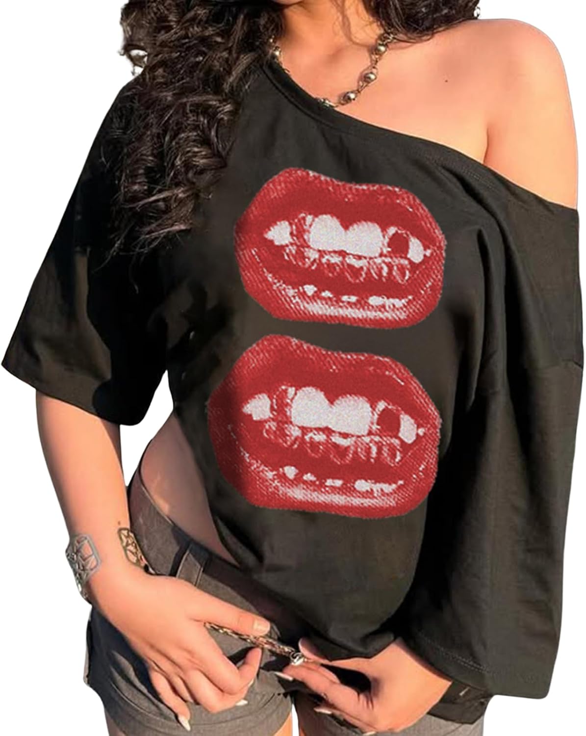 Off The Shoulder Cute Shirts for Women Tshirt Y2k Graphic Tee Lips Print Baggy Shirts Vintage Tops