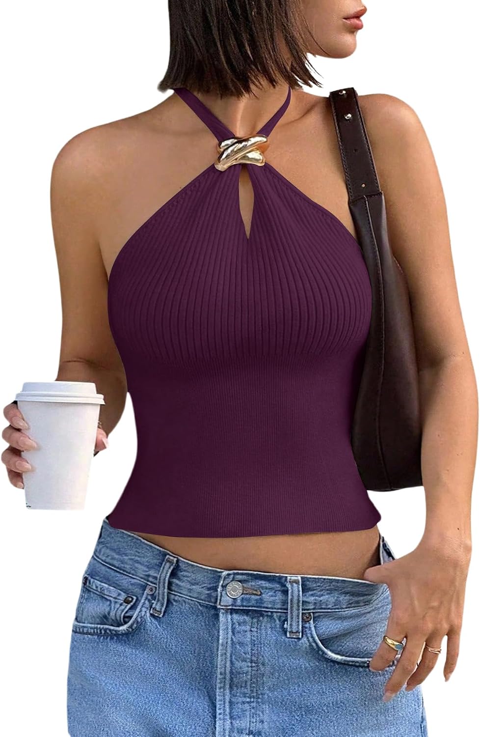 Women's Knit Halter Tops Sleeveless Cropped Going Out Tops