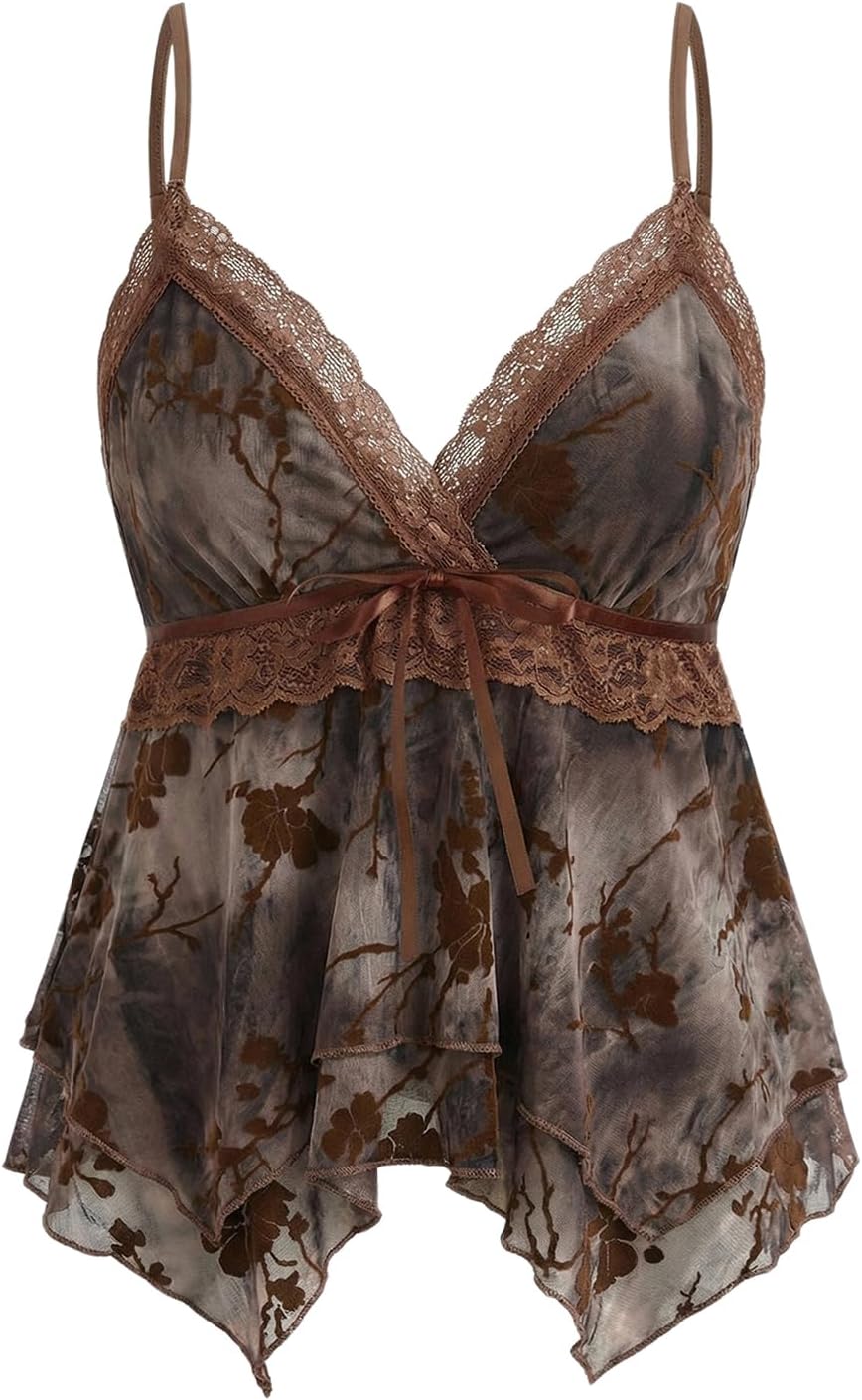 Women's Y2K Tops Going Out Babydoll Tank Tops Lace Cute Shirt