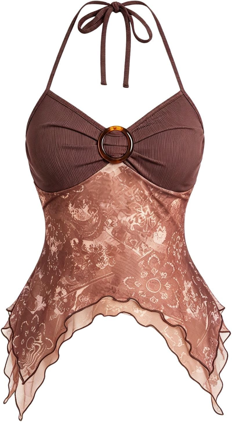 Women's Y2k Halter Top Mesh Asymmetrical Going Out Whimsical Shirts