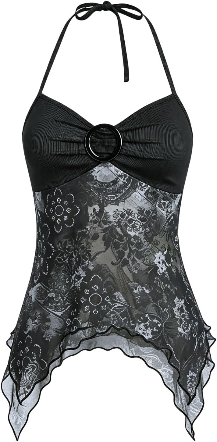 Women's Y2k Halter Top Mesh Asymmetrical Going Out Whimsical Shirts