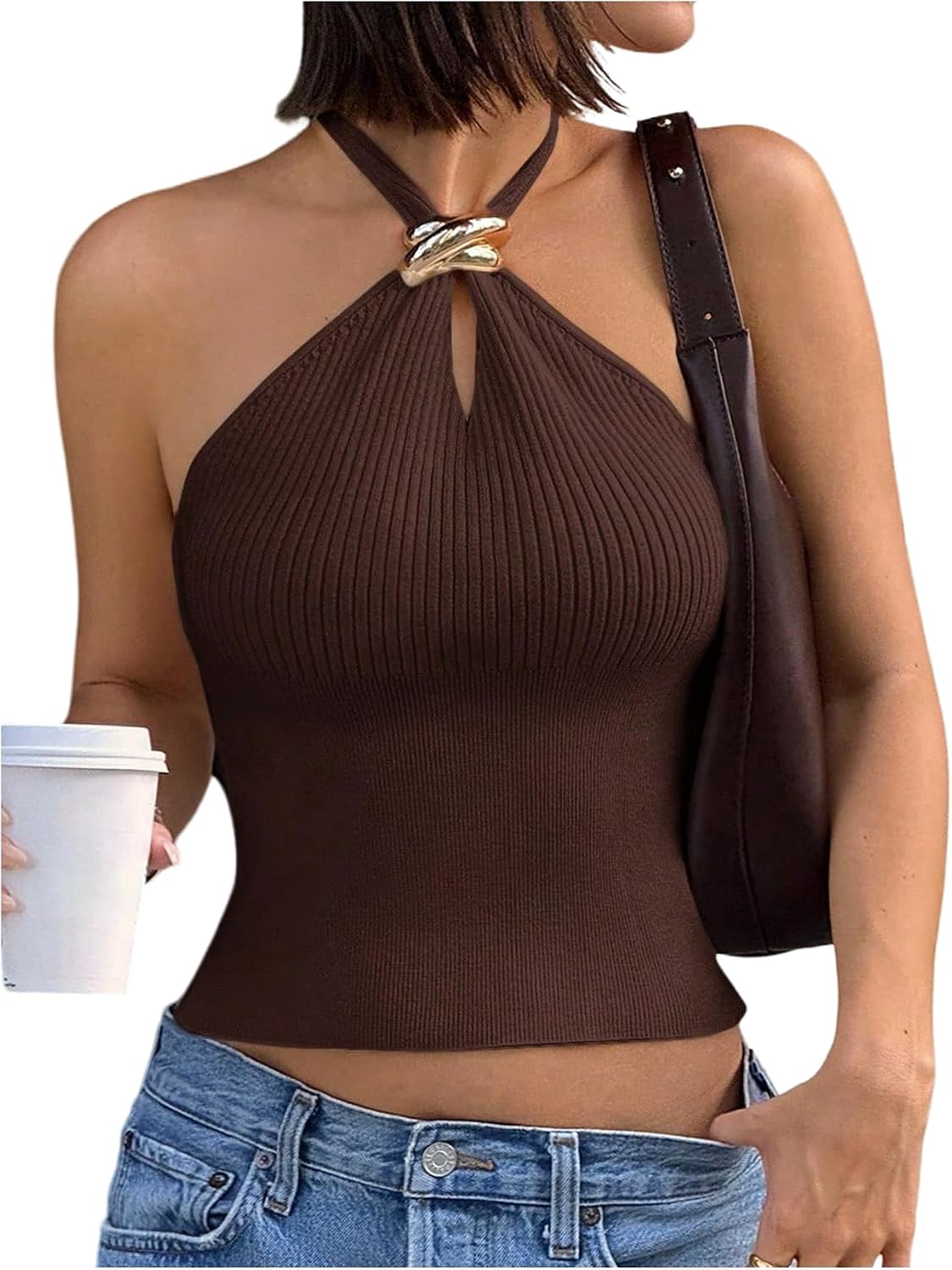 Women's Knit Halter Tops Sleeveless Cropped Going Out Tops