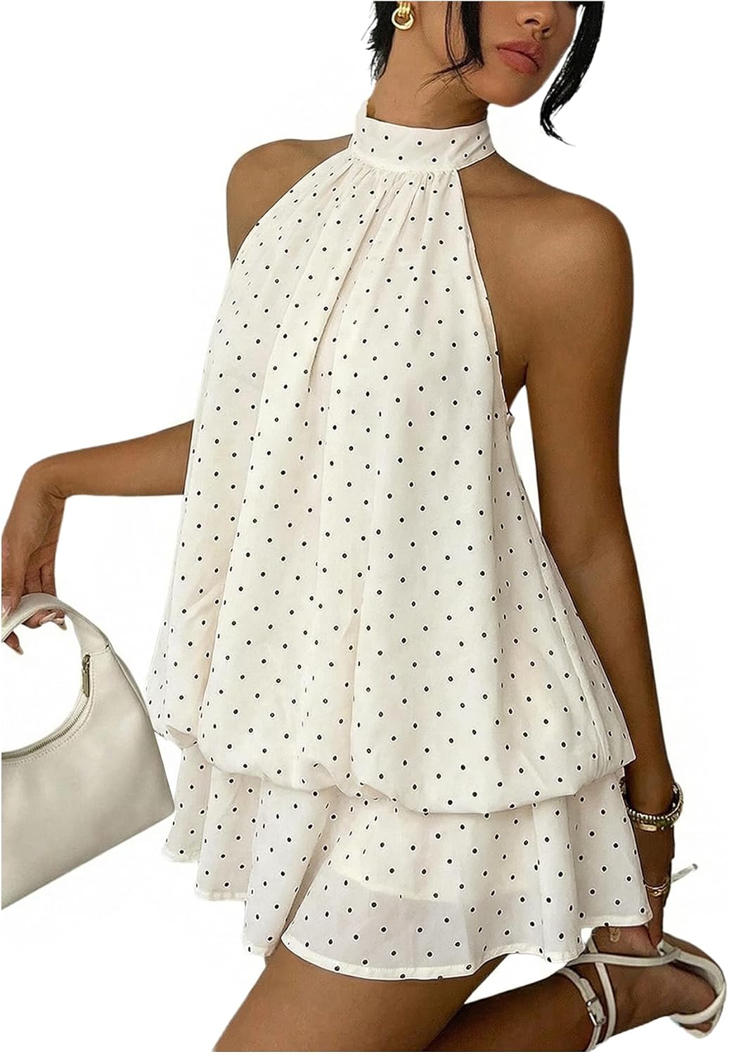 Women's Chiffon Halter Drop Waist Flowy Wedding Guest Mini Dresses