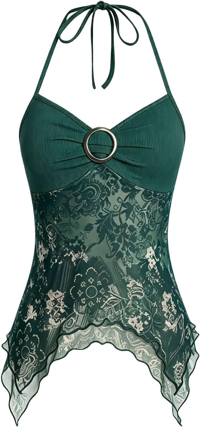 Women's Y2k Halter Top Mesh Asymmetrical Going Out Whimsical Shirts