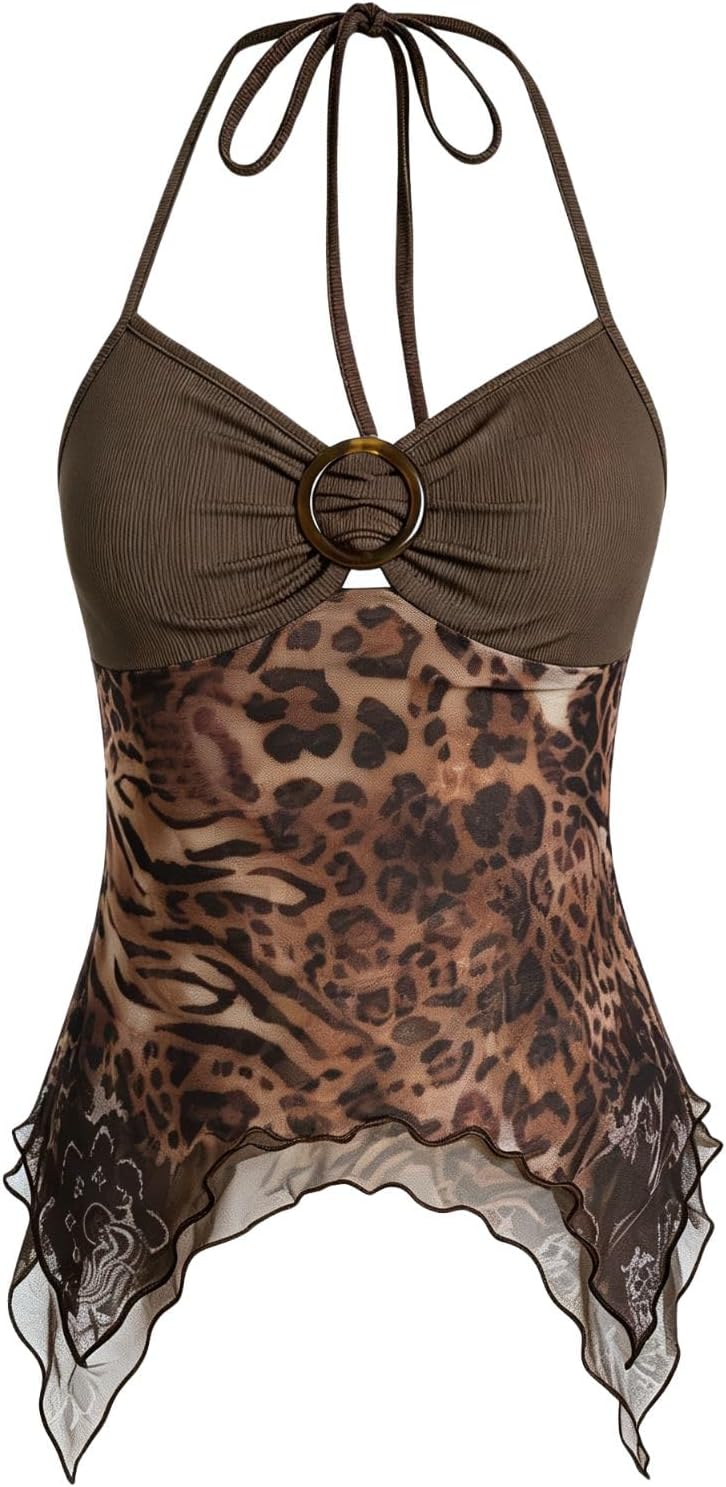 Women's Y2k Halter Top Mesh Asymmetrical Going Out Whimsical Shirts