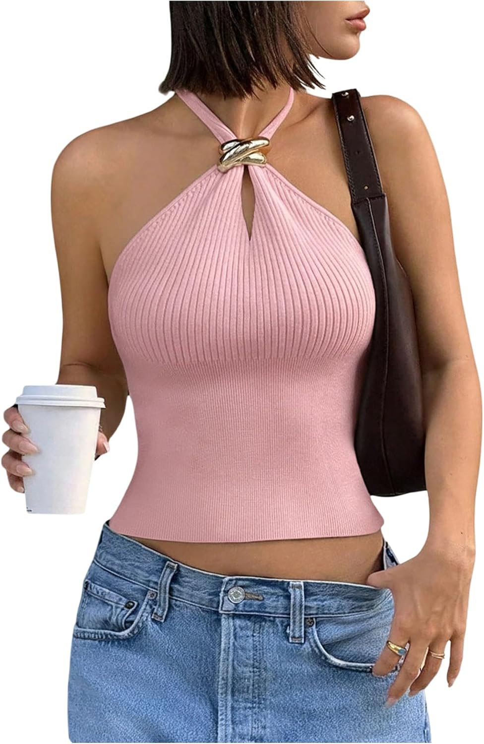 Women's Knit Halter Tops Sleeveless Cropped Going Out Tops