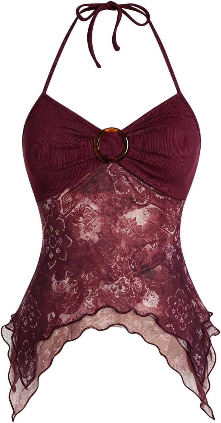 Women's Y2k Halter Top Mesh Asymmetrical Going Out Whimsical Shirts