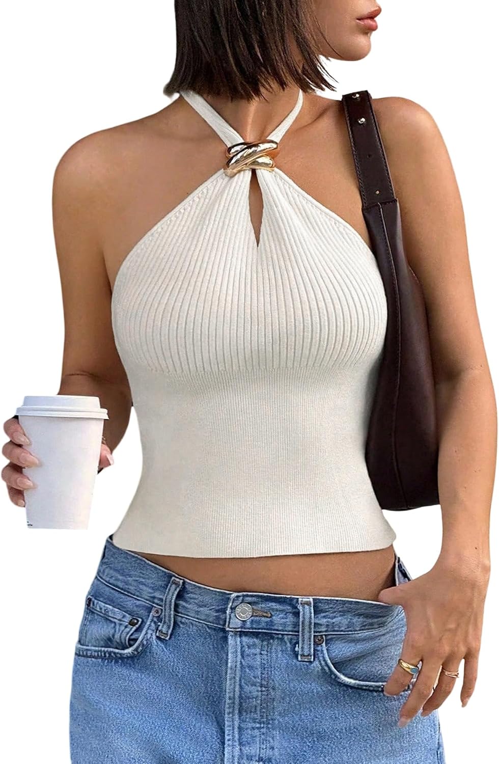 Women's Knit Halter Tops Sleeveless Cropped Going Out Tops