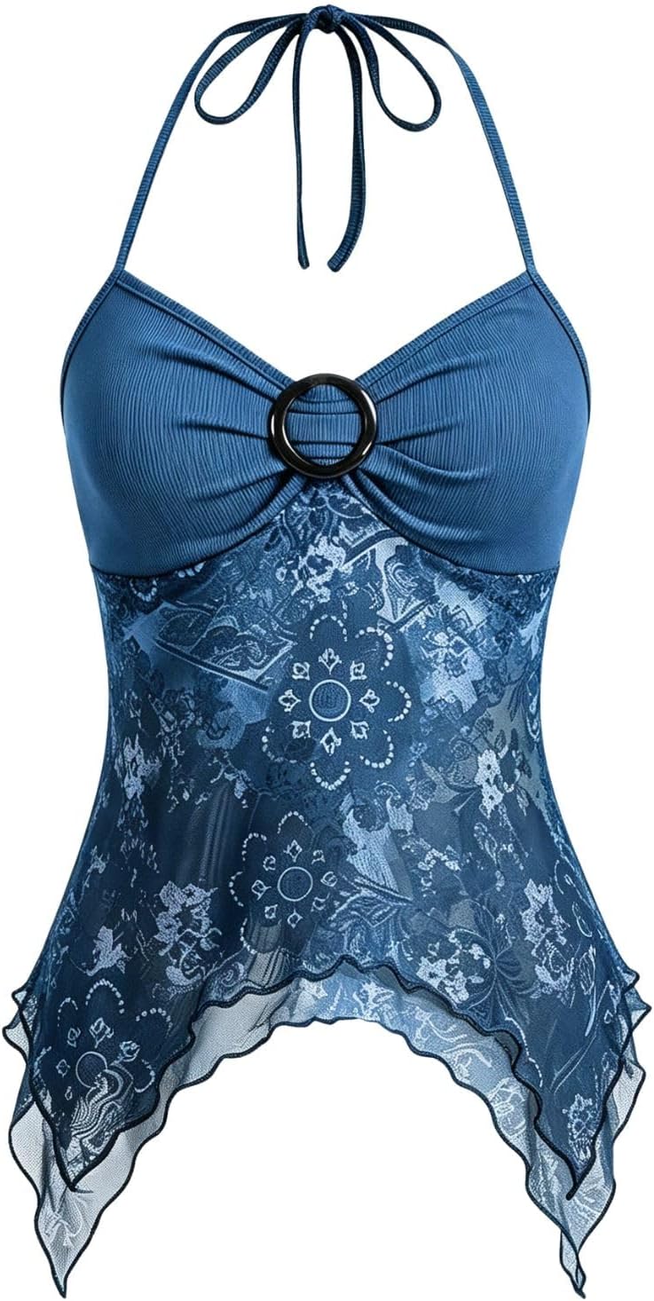 Women's Y2k Halter Top Mesh Asymmetrical Going Out Whimsical Shirts
