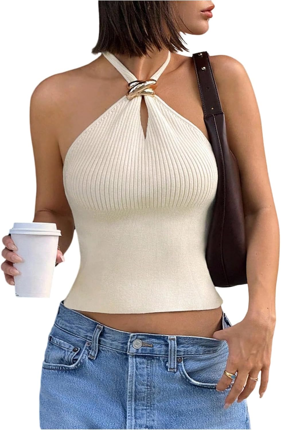 Women's Knit Halter Tops Sleeveless Cropped Going Out Tops