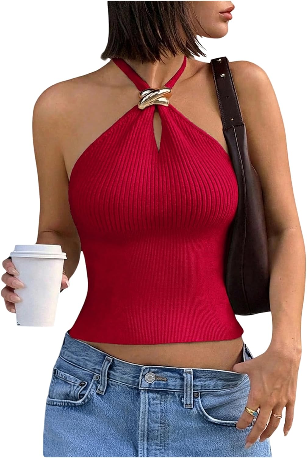 Women's Knit Halter Tops Sleeveless Cropped Going Out Tops