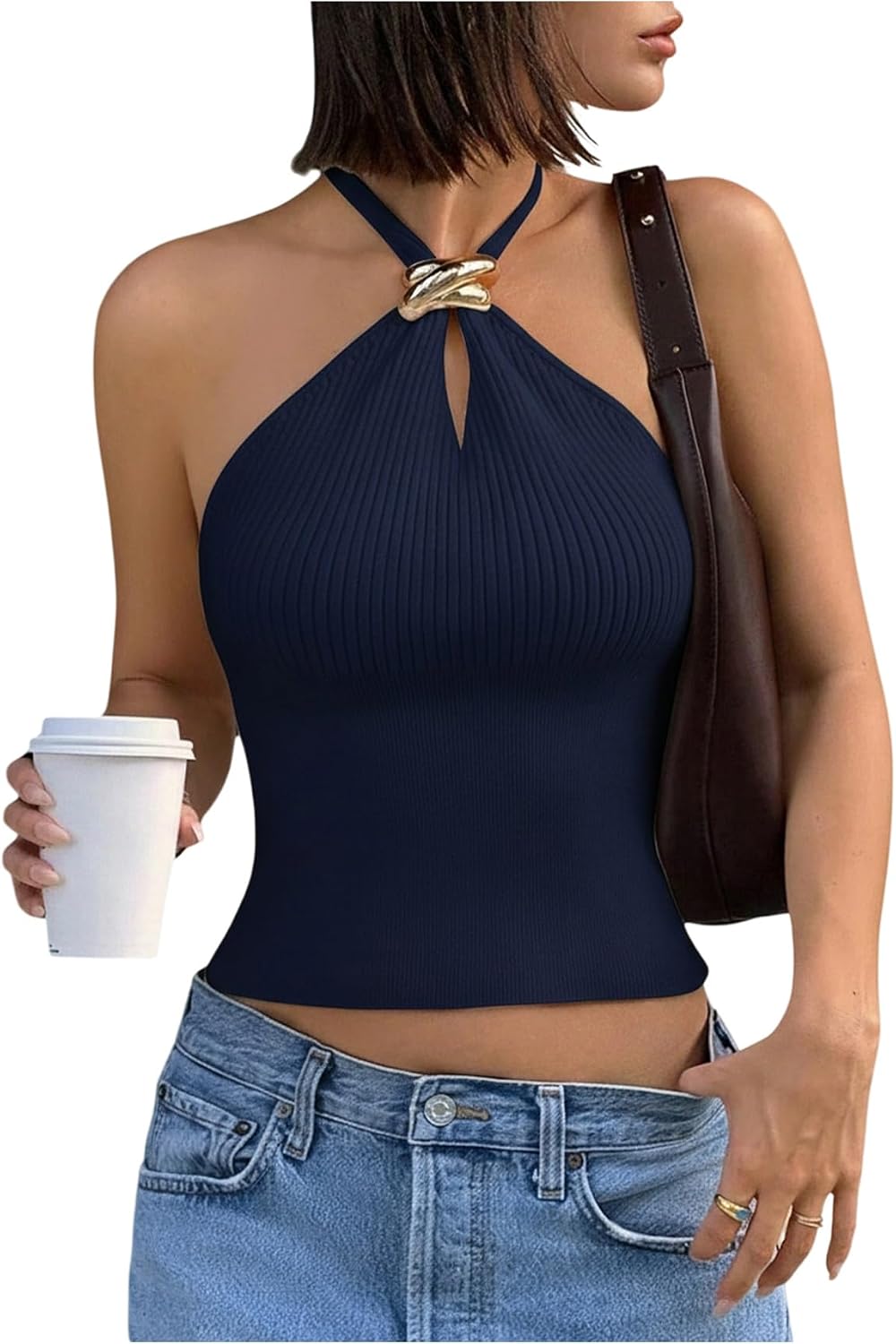 Women's Knit Halter Tops Sleeveless Cropped Going Out Tops