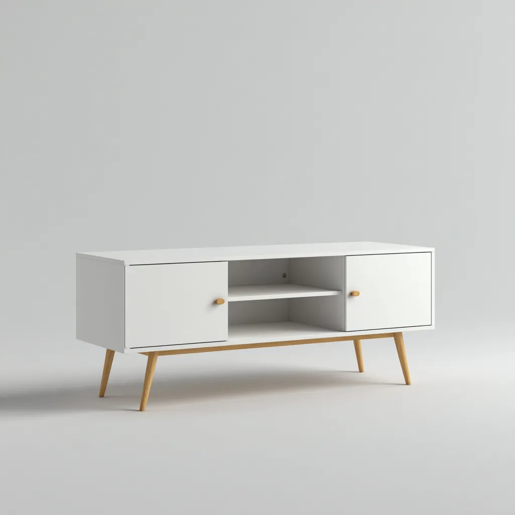 Mobile TV 150×40×62 cm - bianco e naturale - stile scandinavo con vano aperto per soggiorno-Dozenlinest