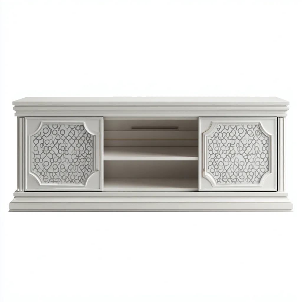 Mobile TV 165×45×68 cm - legno - bianco - stile classico con vani centrali aperti e frontali decorativi-Dozenlinest