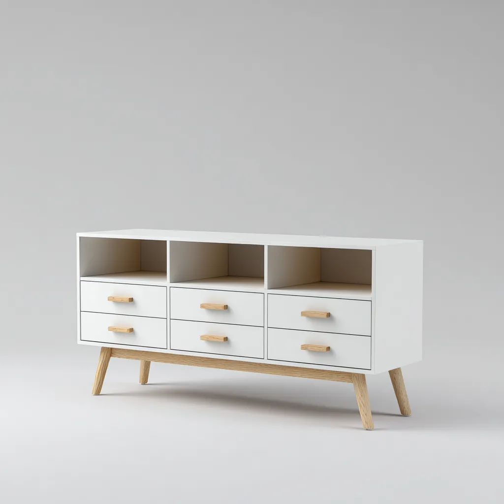 Mobile TV 150×40×65 cm - bianco marrone chiaro - legno - stile scandinavo con vani aperti - soggiorno-Dozenlinest