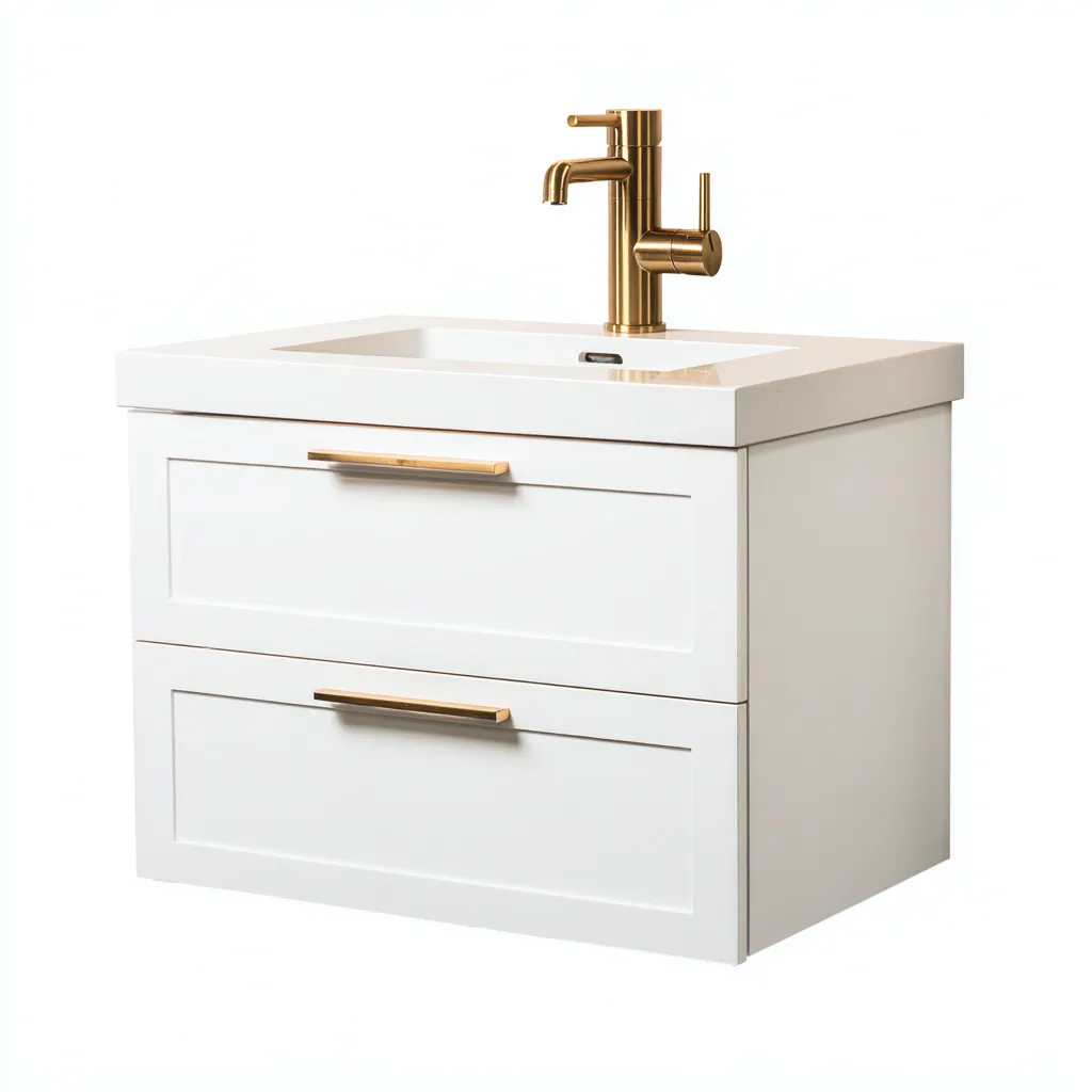 Mobile lavabo sospeso 76×49×66 cm - bianco oro - legno lavorato e lavabo integrato - stile elegante - Bagno-Nicorsohome