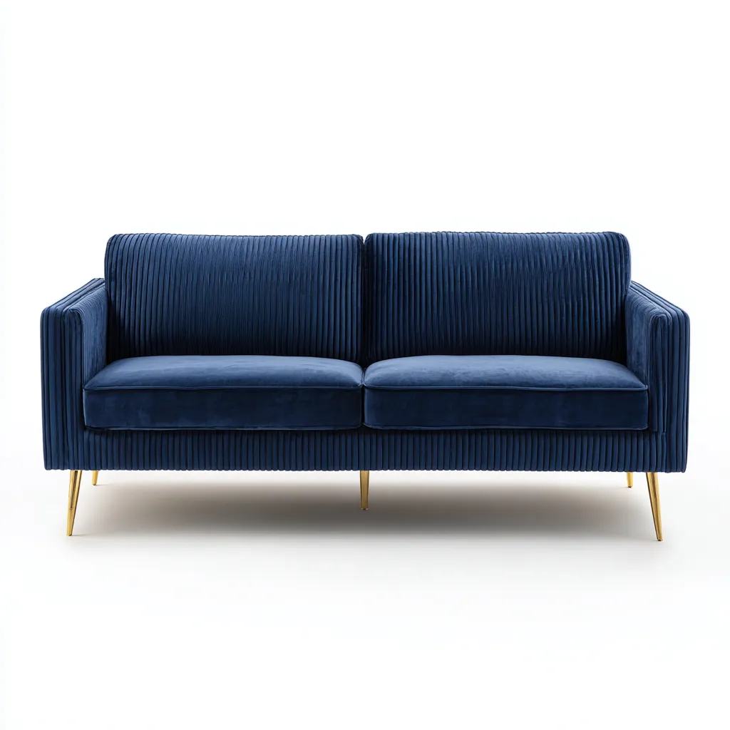 Divano a due posti 178×84×82 cm - blu scuro oro - tessuto imbottito e metallo - lavorazione a coste verticali - Soggiorno-Nadiiacorner