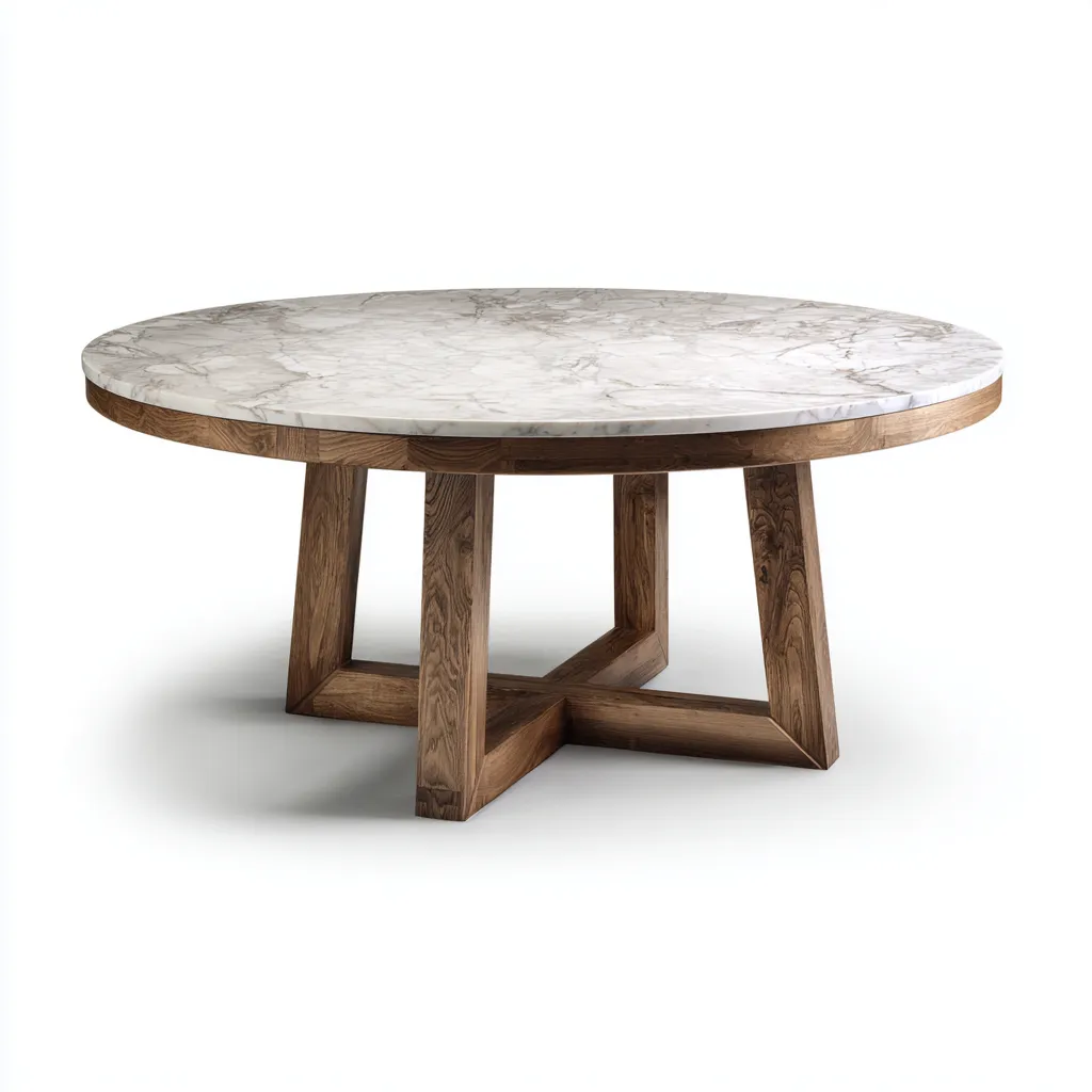 Tavolo da pranzo 120×120×75 cm - bianco marrone - marmo e legno - rotondo con base geometrica - Sala Da Pranzo-Nadiiacorner