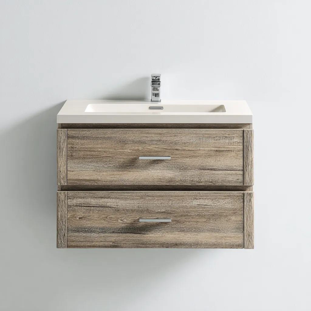 Mobile lavabo sospeso effetto legno 90×49×58 cm - grigio chiaro e bianco - stile contemporaneo materico-Hataraliving