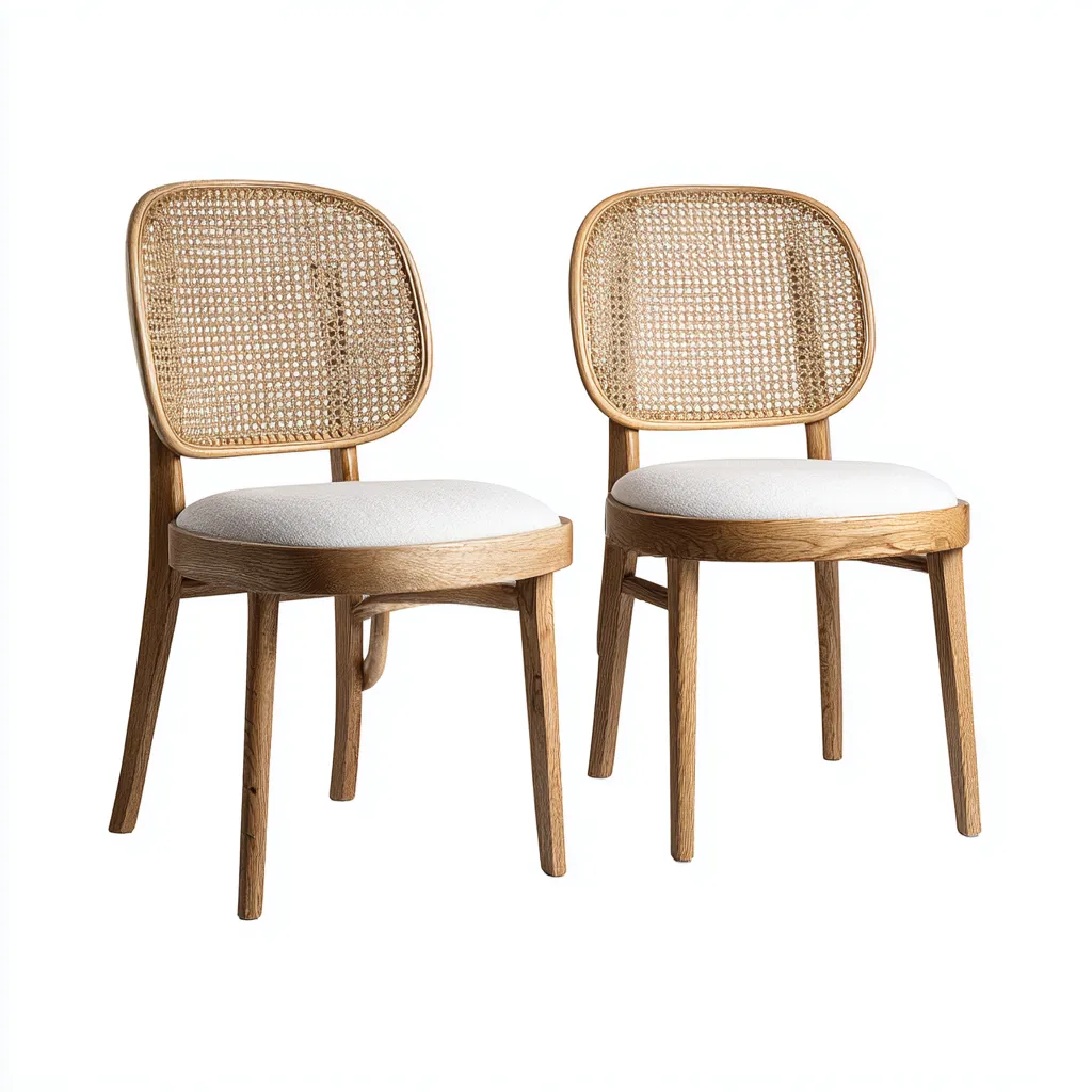 Sedia da pranzo in legno con rattan 50×56×87 cm - naturale e bianco - schienale arrotondato stile vintage-Hataraliving