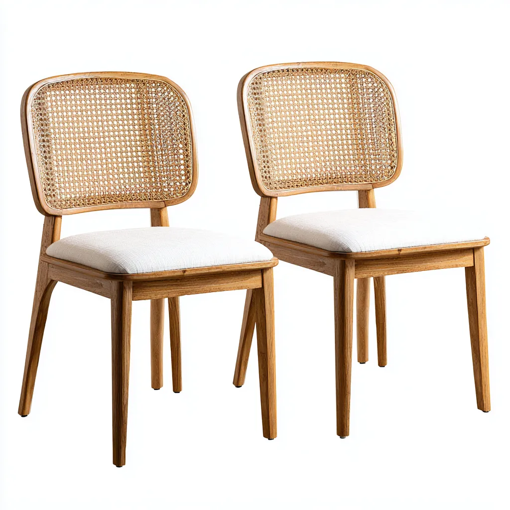 Set di 2 sedie da pranzo in legno e rattan 47×52×85 cm - naturale/bianco - schienale intrecciato - Sala Da Pranzo-Hataraliving