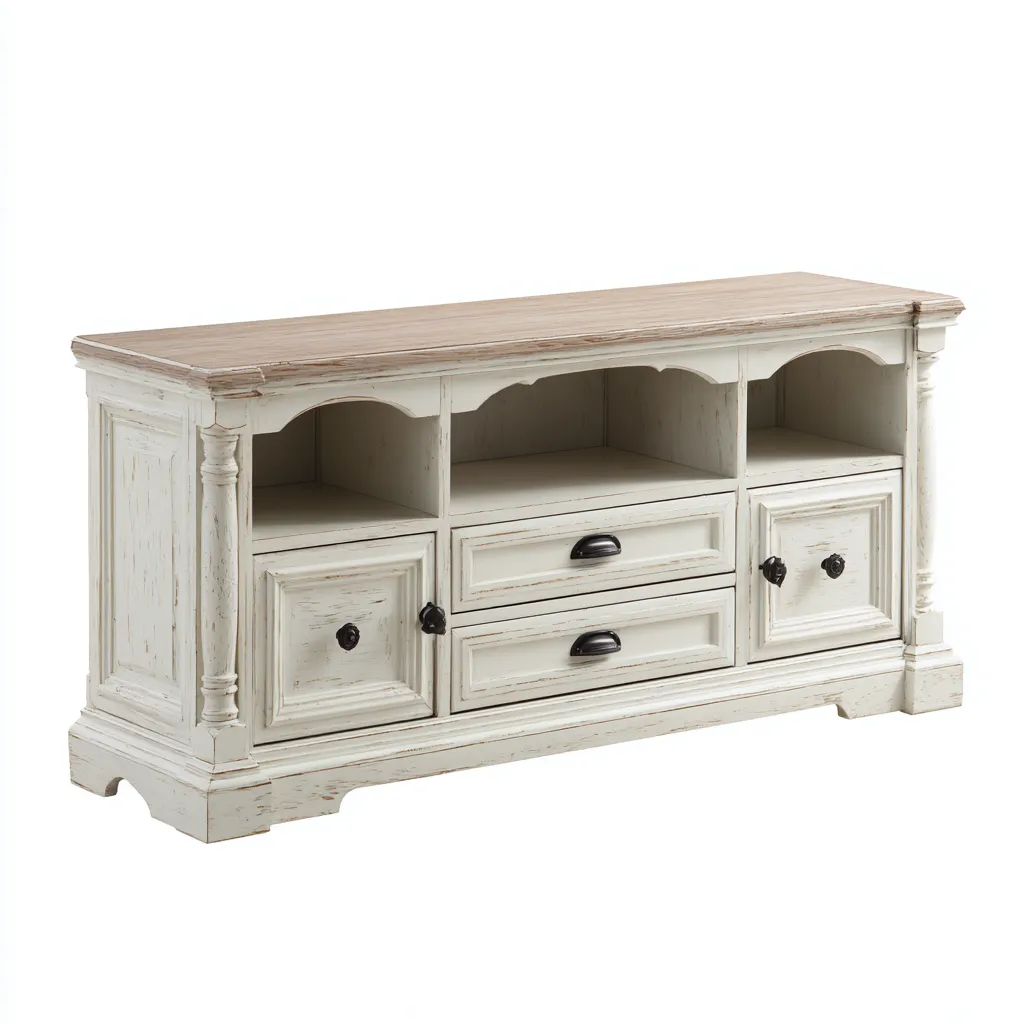 Mobile TV in legno 165×44×62 cm - bianco crema - stile country con vani aperti per Soggiorno-Hataraliving